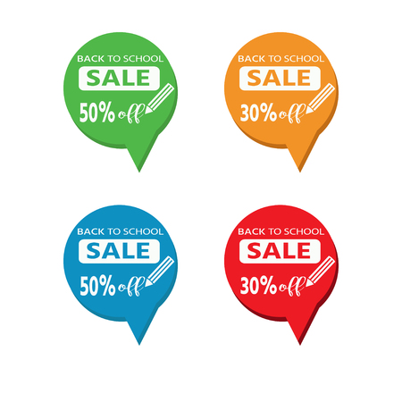 School bright stickers, icons. Back to school sale. Colorful school objects and text.のイラスト素材