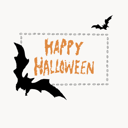 Hand drawn lettering of Happy Halloween and bat silhouette on the white background. Vector illustration.のイラスト素材
