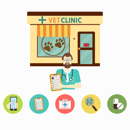 Vector illustration set icons veterinarian clinic and veterinarian doctor. Healthcare or treatment for wild or domestic animals. Facade exterior.のイラスト素材