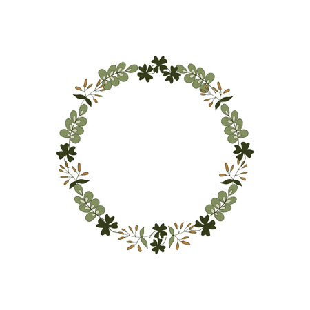 Wreath (circle frame) with flowers and leaves, hand drawn template. Design for invitation, wedding or greeting cards. Vector illustration.のイラスト素材
