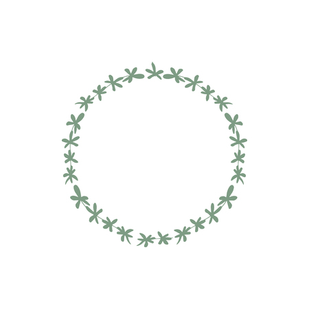 Wreath (circle frame) with flowers and leaves, hand drawn template. Design for invitation, wedding or greeting cards. Vector illustration.のイラスト素材