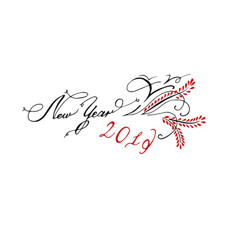 Hand drawn  text "New Year 2019"  isolated on white background.  Icon for  greeting card. Lettering celebration logo.のイラスト素材