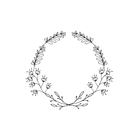 Wreath (circle frame) with flowers and leaves, hand drawn template. Design for invitation, wedding or greeting cards. Vector illustration.のイラスト素材
