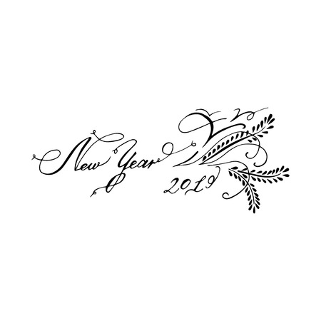 Hand drawn  text "New Year 2019"  isolated on white background.  Icon for  greeting card. Lettering celebration logo.のイラスト素材