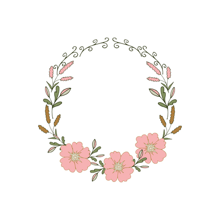 Wreath (circle frame) with flowers and leaves, hand drawn template. Design for invitation, wedding or greeting cards. Vector illustration.のイラスト素材