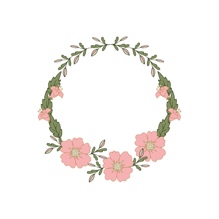 Wreath (circle frame) with flowers and leaves, hand drawn template. Design for invitation, wedding or greeting cards. Vector illustration.のイラスト素材