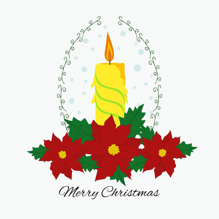 Poinsettia (Euphorbia pulcherrima) whith candle.  Christmas decor. Vector illustration.のイラスト素材
