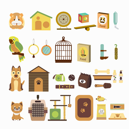 Set  icons with parrot, dog, cat, hamsters  and goods for pets. Vector illustration for banner or web page for vet clinic, pet shop or shelter.のイラスト素材