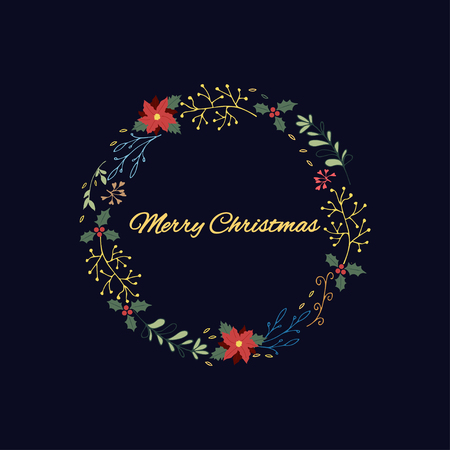 Hand drawn card with decorative wreath whith text "Merry Christmas". Celebration quote for postcard, typography poster, banner, logo or badge.のイラスト素材