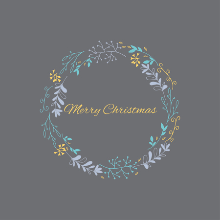 Hand drawn card with decorative wreath whith text "Merry Christmas". Celebration quote for postcard, typography poster, banner, logo or badge.のイラスト素材