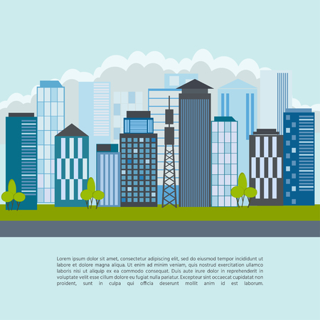 City landscape with high skyscrapers, buildings and transport. Vector illustration.のイラスト素材