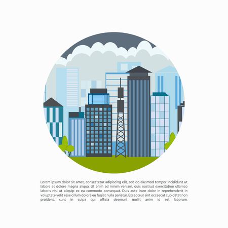 City landscape with high skyscrapers, buildings and transport. Vector illustration.のイラスト素材