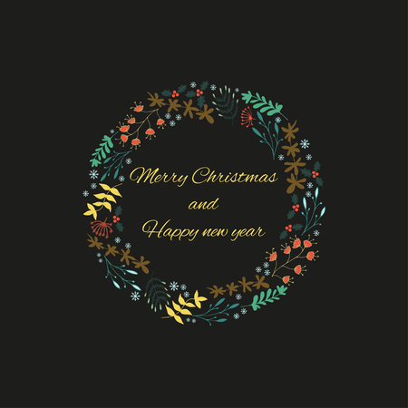 Cute gift  cards with  christmas wreath on black background. Hand drawn card. Design for poster, card, invitation, placard, brochure, flyer.のイラスト素材