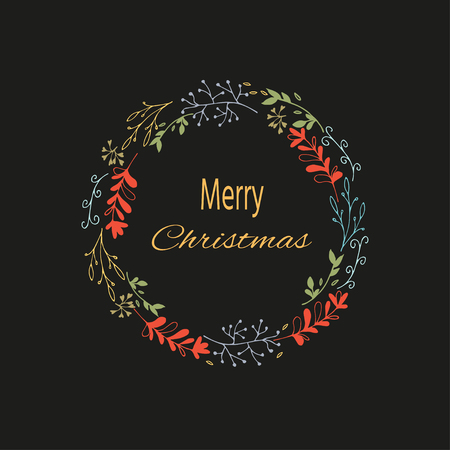 Cute gift  cards with  christmas wreath on black background. Hand drawn card. Design for poster, card, invitation, placard, brochure, flyer.のイラスト素材