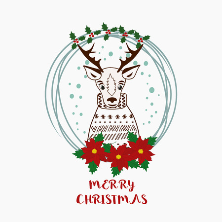 Merry Christmas greeting card whith cute deer. Hand drawn vector illustration.のイラスト素材