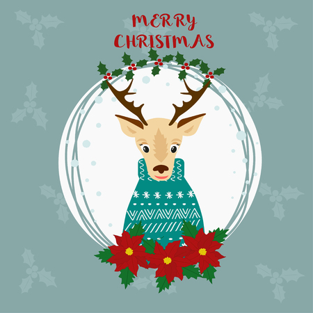 Merry Christmas greeting card whith cute deer. Hand drawn vector illustration.のイラスト素材