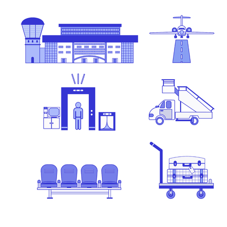 Airplan, car, airport  building, baggage cart, luggage and airport
suitcases isolated on white background. Vector illustration.のイラスト素材