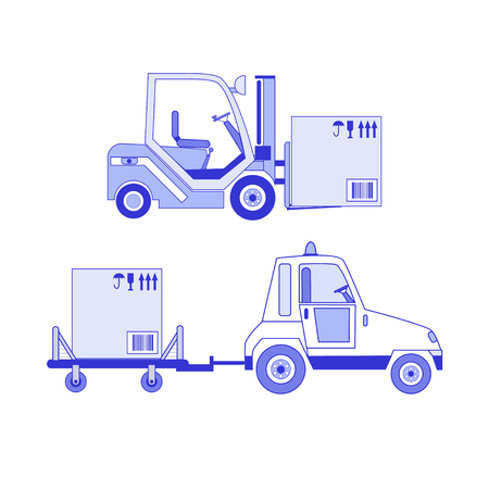 Forklift truck icon. Fork loader, pallet with  boxes, distribution warehouse, supply storage service, logistics company, freight load. Cargo delivery, shipping, transportation Vector illustration.のイラスト素材
