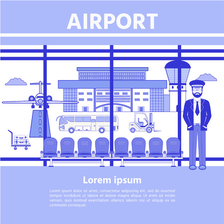 Airport  waiting hall. Pilot  near the window. Plane taking runway, bus, loader, trolley with a suitcase. Flat design, flat vector illustration.のイラスト素材