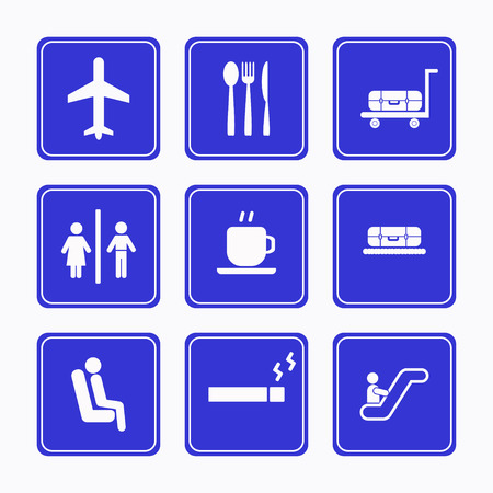 Set of  icon airport  with custom control transit zone boarding checking isolated on blue background.  Vector illustration.のイラスト素材