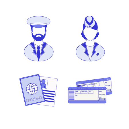 Airport icons set with pilot, stewardess, passport and tickets  isolated on white background. Collection of airport and plane vector illustration.のイラスト素材