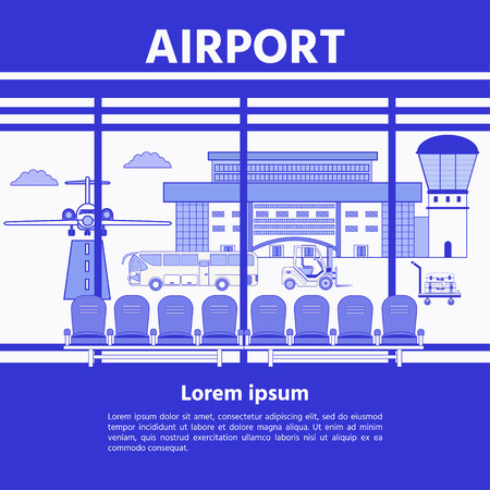 Airport  waiting hall.  Plane taking runway, bus, loader, trolley with a suitcase. Flat design, flat vector illustration.のイラスト素材