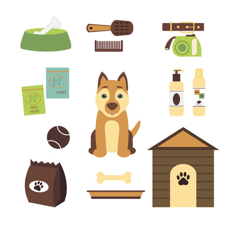 Different accessories (food, shampoo, bowl,  toys, ball)  for domestic pet, set. Vector illustration isolated on white background. Set of pet shop icons.のイラスト素材