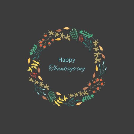 Cute gift  hand drawn card with wreath decorative floral elements and text "happy thanksgiving".  Design for poster, card, invitation, placard, brochure, flyer, banner, logo or badge. Vector vintage style with floral.のイラスト素材