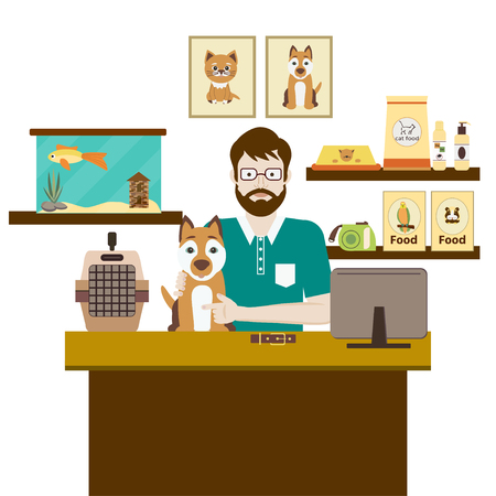 Pet shops seller at a counter in a store opposite shelves with dog. Flat vector illustration.  Accessories for animals care, food, aquarium, etc.  Pet shop concept.のイラスト素材