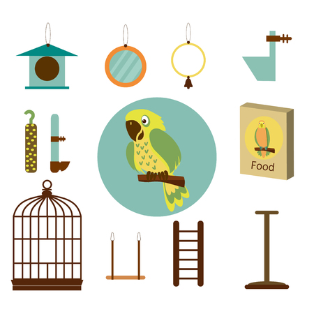 Set icon parrot with cage, food, different toys and accessories. Pet shop concept. Vector illustration.のイラスト素材
