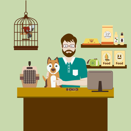 Pet shops seller at a counter in a store opposite shelves with dog. Flat vector illustration.  Accessories for animals care, food, birdcage, etc.  Pet shop concept.のイラスト素材