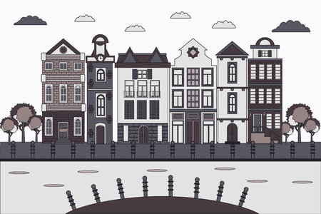 Banner colorful old city with the houses in the water. European retro style building facades. Travel concept. Vector illustration.のイラスト素材