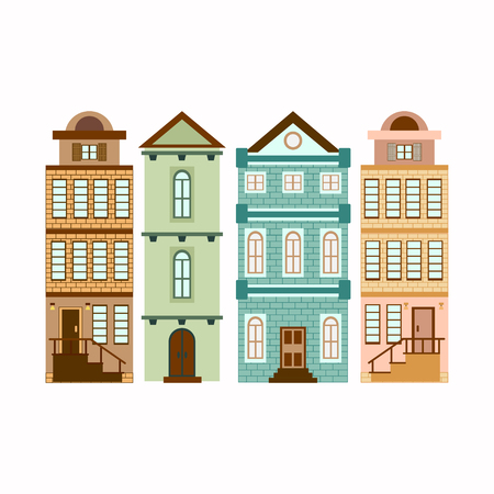 Set of european colorful old houses. Retro style building facades. Vector illustration.のイラスト素材