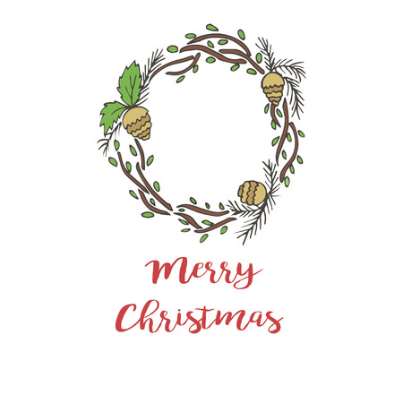 Winter holiday round wreath for Christmas holiday cards. Vector Illustration, isolated on white background.のイラスト素材