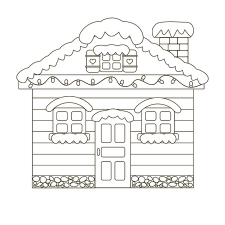 Wooden home, thin line art icons. Vector black- white flat illustration.のイラスト素材