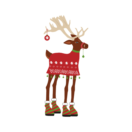 Cute deer  character for merry christmas and new year holiday illustrations. Vector illustration  for presents, invitation, children room, nursery decor, t-shirt, banner, interior design.のイラスト素材