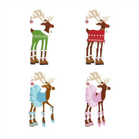 Set in cartoon style  cutes deer, isolated on white background. Flat style of icons for presents, invitation, children room, nursery decor, t-shirt, banner, interior design.のイラスト素材