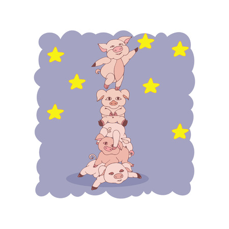 Cute pink pigs in cartoon style. Hand Drawn Vector illustration  for  greeting card, children room, nursery decor, interior design.のイラスト素材