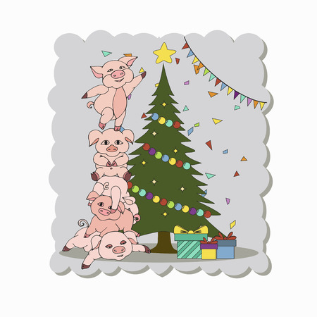 Cute pink pigs in cartoon style. Hand Drawn Vector illustration  for  greeting card, children room, nursery decor, interior design.のイラスト素材