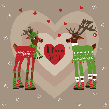 Postcard with two dressy deer whith heart and text "I love you". Seasonal greetings  reindeer cartoon expression set in vector format.のイラスト素材
