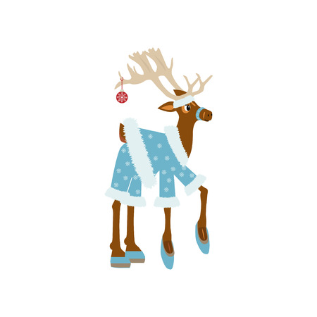 Cute Christmas reindeer icon.  Wild comic deer in blue coat. Template design for winter seasonal greeting card, happy holiday new year event background. Vector illustrationのイラスト素材