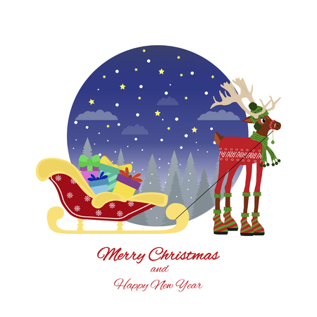 Vector illustration of reindeer with warm knitted scarf and sledge with presents. Merry Christmas greeting card in cartoon style.のイラスト素材
