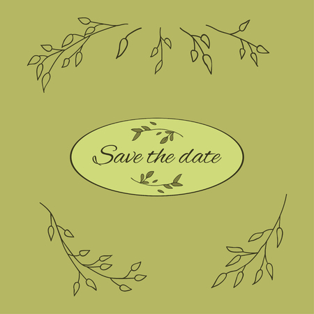 Vector template for birthday, baby shower, menu, flyer, banner with calligraphy, save the date card  with  branch with leaves. Vector illustration.のイラスト素材