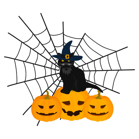 Black cat, halloween pumpkin and cobweb  icons, illustration isolated on white background, can be used as poster, T-shirt, design or home decor element.のイラスト素材
