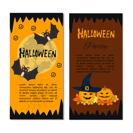 Halloween card with cute  bats, pumpkin with scary face, under the moon. Elements, objects for holiday card, invitation and party design.のイラスト素材