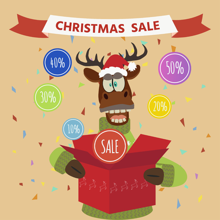 Christmas sale background with cute deer cartoon style. Merry Christmas. Christmas sale design template.のイラスト素材