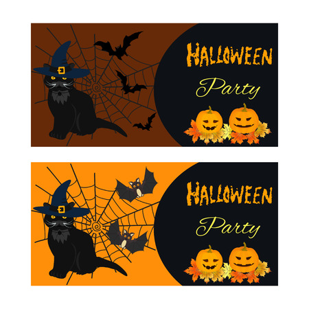 Halloween banner with cute cat and  bats  under the moonlight. Elements, objects for holiday card, invitation and party design.のイラスト素材