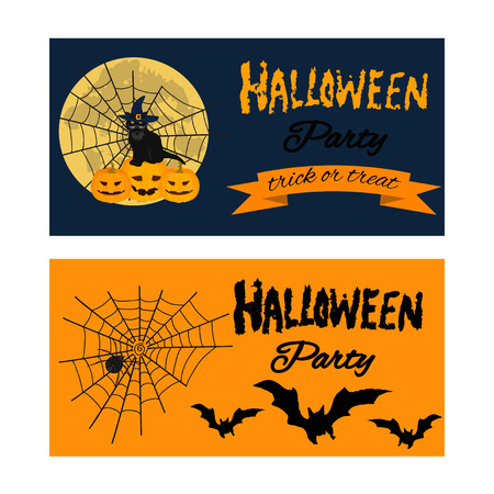 Halloween banner with cute cat and  bats  under the moonlight. Elements, objects for holiday card, invitation and party design.のイラスト素材