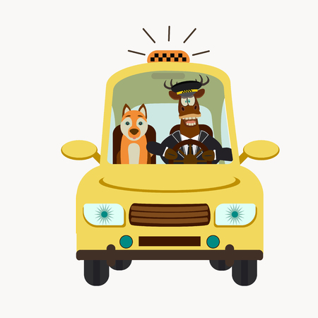 Taxi driver. Deer and dog on front seat. Vector illustration in flat style. Pet travel concept.のイラスト素材