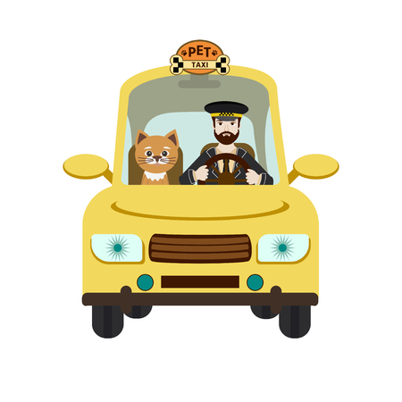 Taxi driver and pet on front seat. Vector illustration in flat style  on white background. Pet travel concept.のイラスト素材